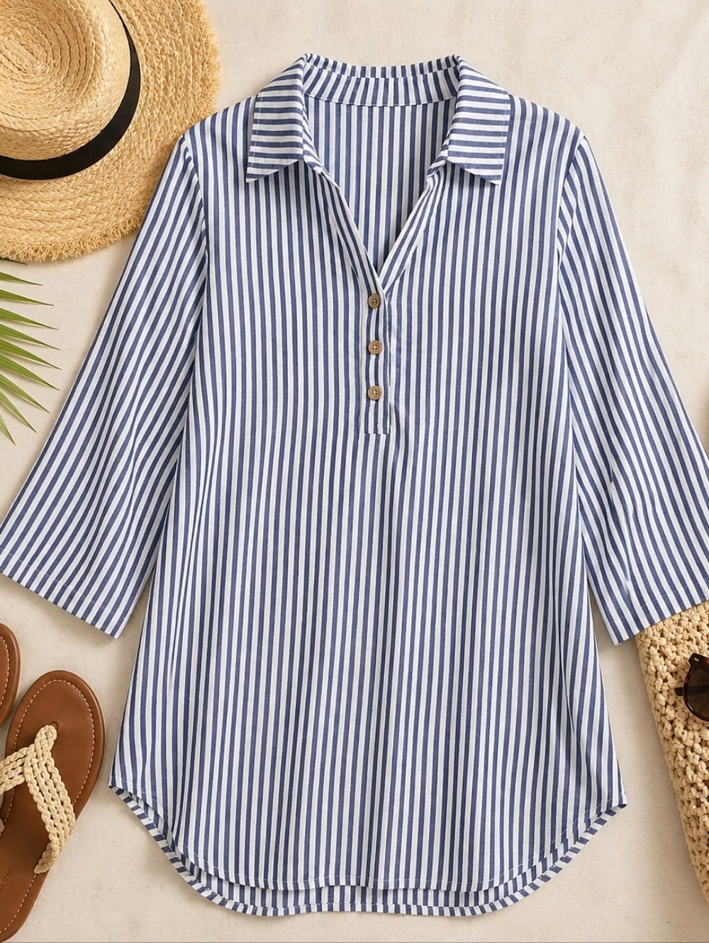 Cupshe Blue White Striped Cover Up Tunic Cotton Blend Beach Size Large